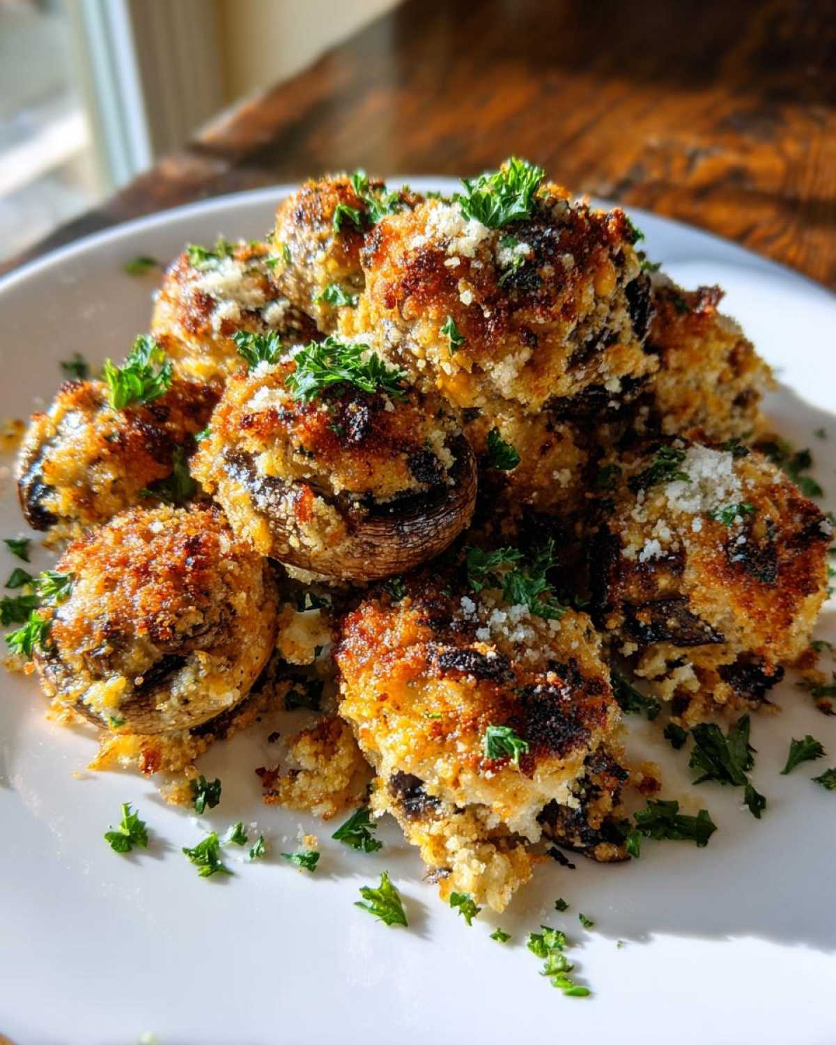 A pile of golden brown Air Fryer Crispy Garlic Parmesan Mushrooms garnished with fresh parsley and grated cheese.