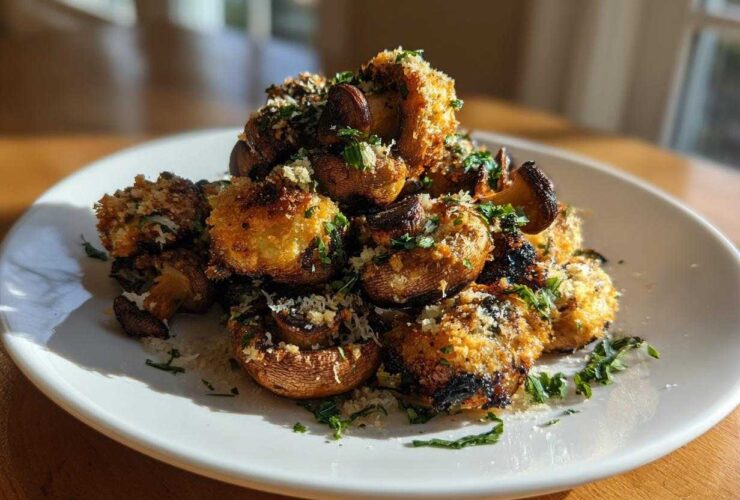 A mound of golden brown Air Fryer Crispy Garlic Parmesan Mushrooms sprinkled with cheese and parsley on a white plate.