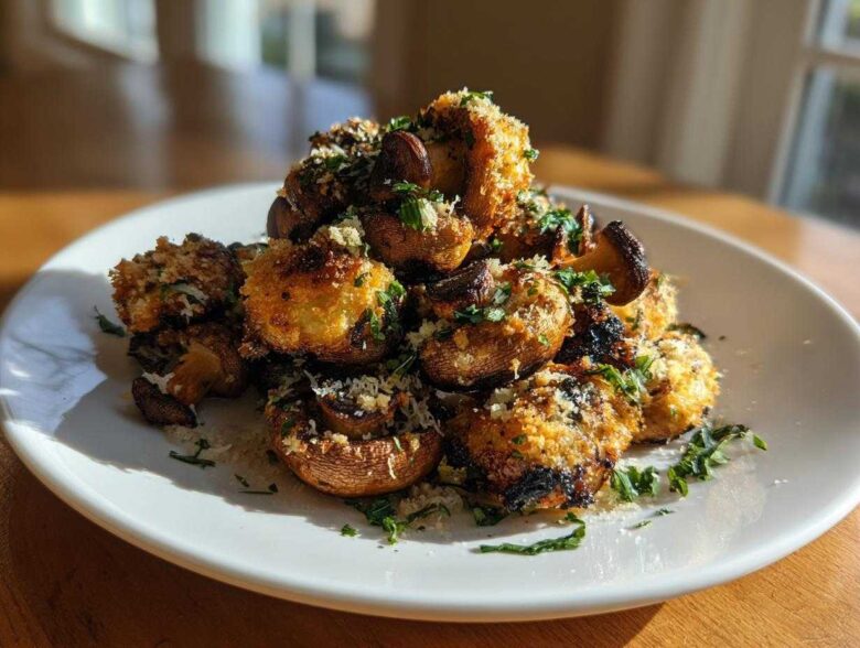 A mound of golden brown Air Fryer Crispy Garlic Parmesan Mushrooms sprinkled with cheese and parsley on a white plate.