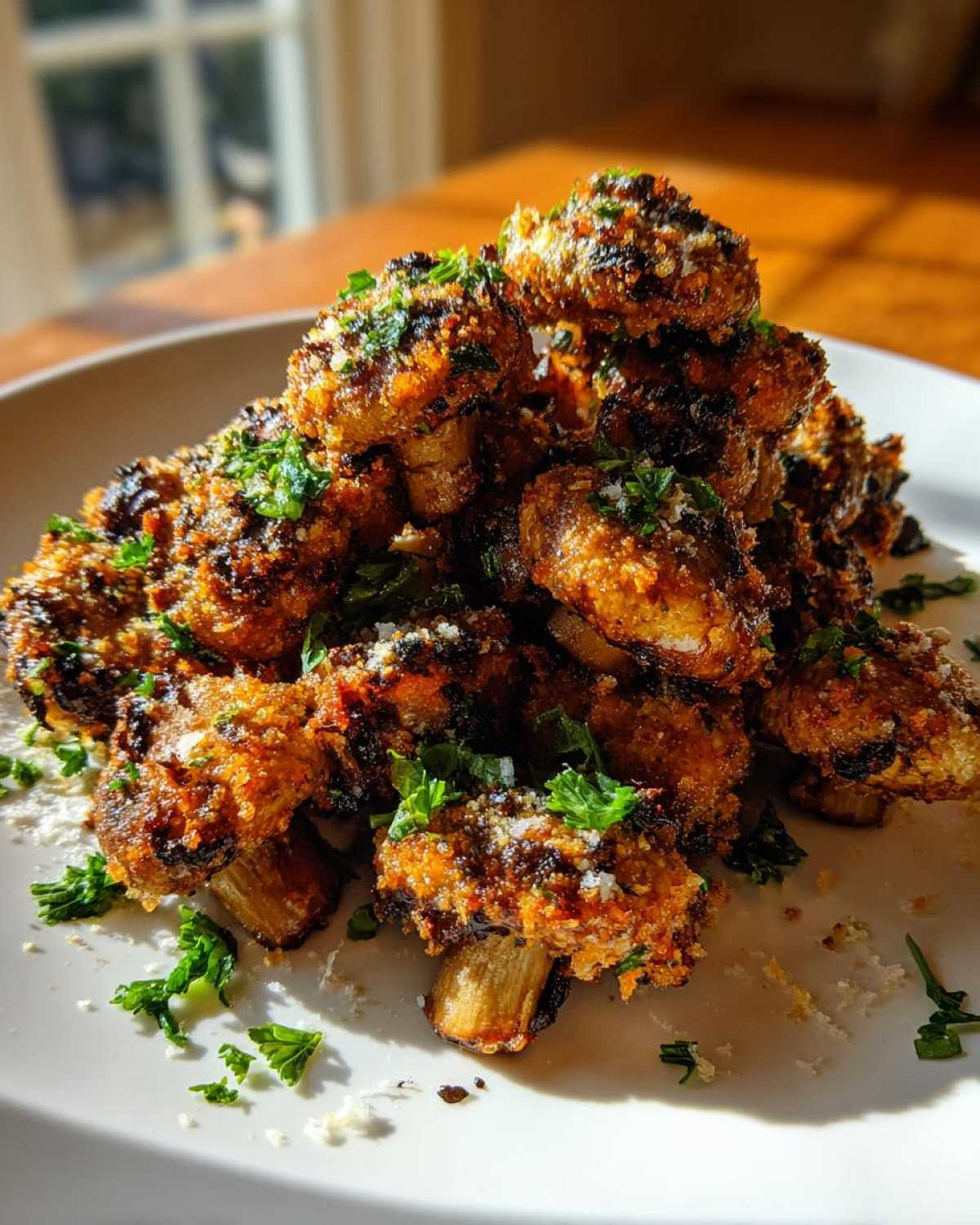 A pile of golden brown Air Fryer Crispy Garlic Parmesan Mushrooms garnished with fresh parsley on a white plate.