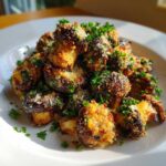 A pile of Air Fryer Crispy Garlic Parmesan Mushrooms topped with grated cheese and fresh parsley on a white plate.