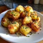 A pile of golden brown Air Fryer Crispy Garlic Parmesan Potato Cubes garnished with fresh parsley on a white plate.