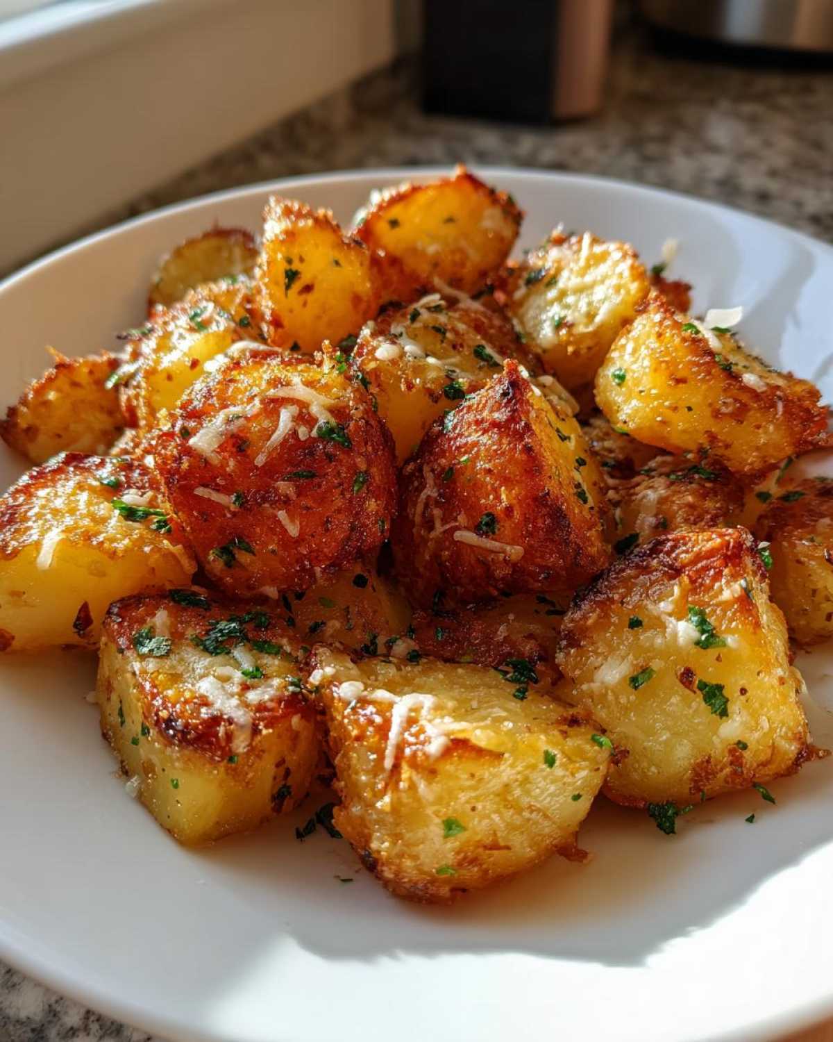 Close-up of golden brown Air Fryer Crispy Garlic Parmesan Potato Cubes topped with melted cheese and parsley.