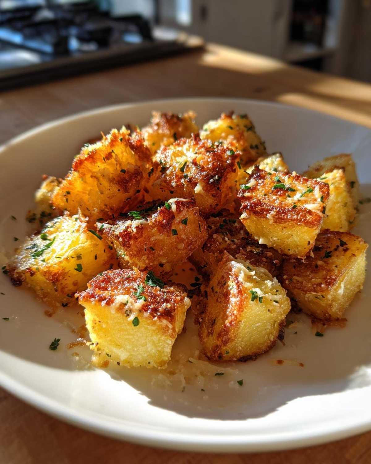Golden brown, crispy Air Fryer Crispy Garlic Parmesan Potato Cubes topped with grated cheese and parsley.