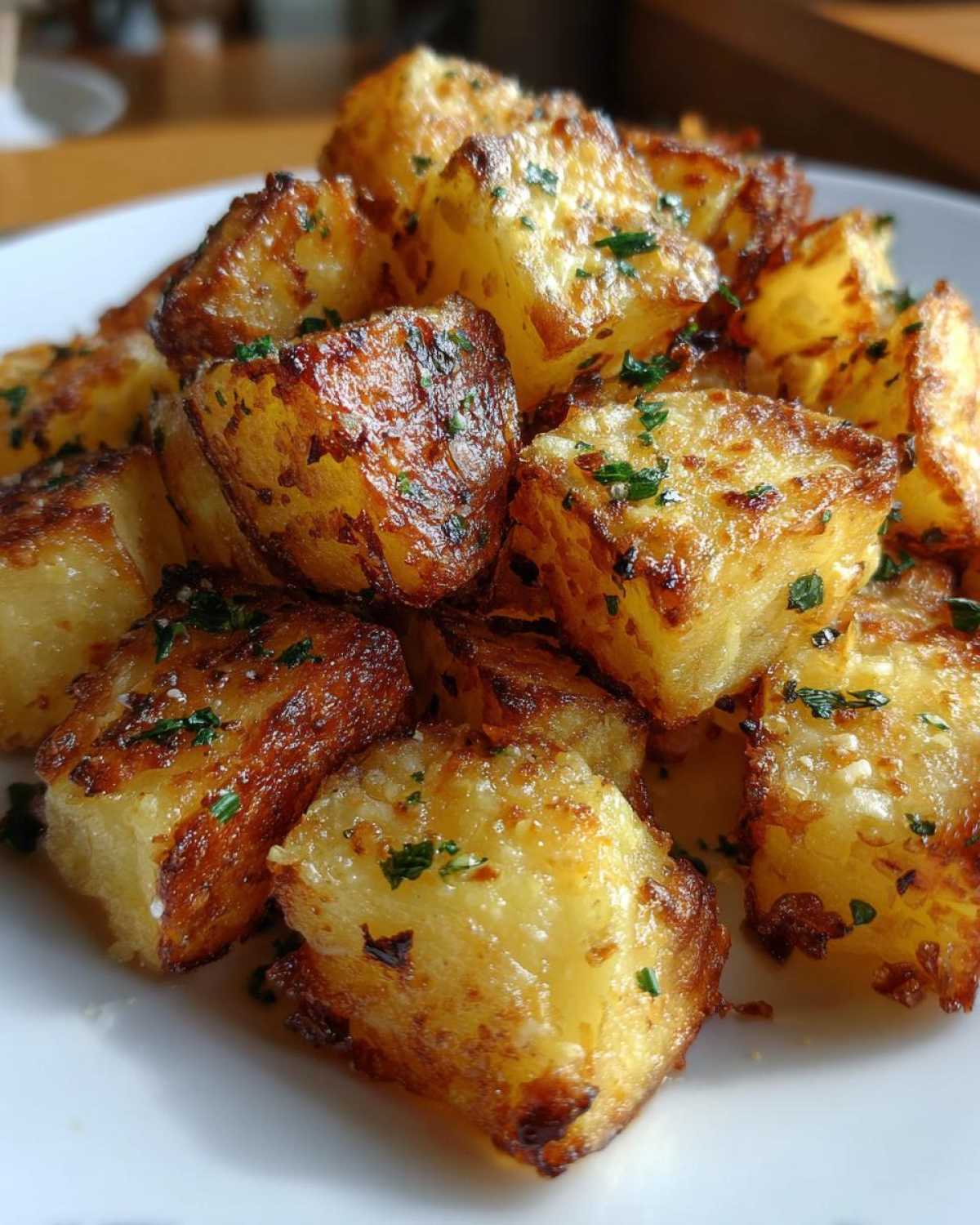 Close-up of golden brown Air Fryer Crispy Garlic Parmesan Potato Cubes sprinkled with herbs.