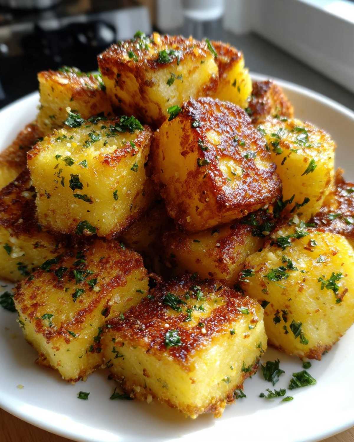 A close-up of golden brown Air Fryer Crispy Garlic Parmesan Potato Cubes piled high on a white plate, sprinkled with parsley.