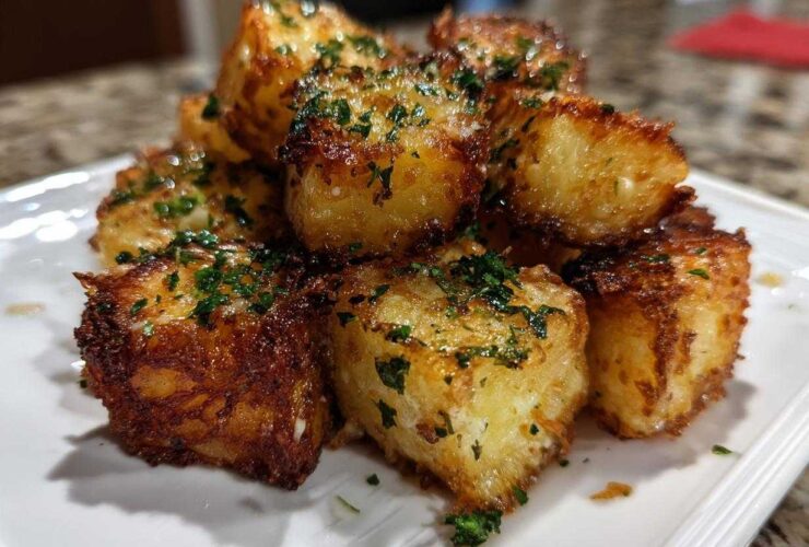 Close-up of golden brown, crispy Air Fryer Crispy Garlic Parmesan Potato Cubes garnished with fresh parsley.