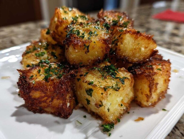 Close-up of golden brown, crispy Air Fryer Crispy Garlic Parmesan Potato Cubes garnished with fresh parsley.