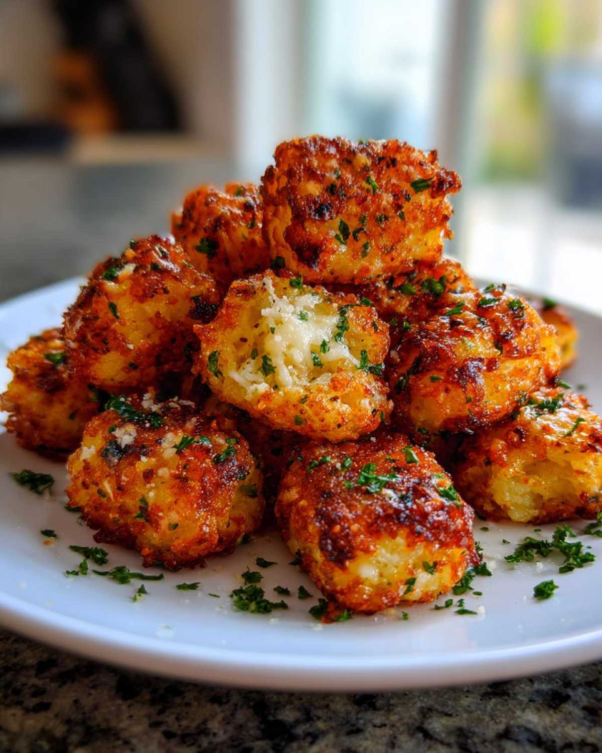A pile of golden brown Air Fryer Crispy Garlic Parmesan Tater Tots garnished with parsley on a white plate.