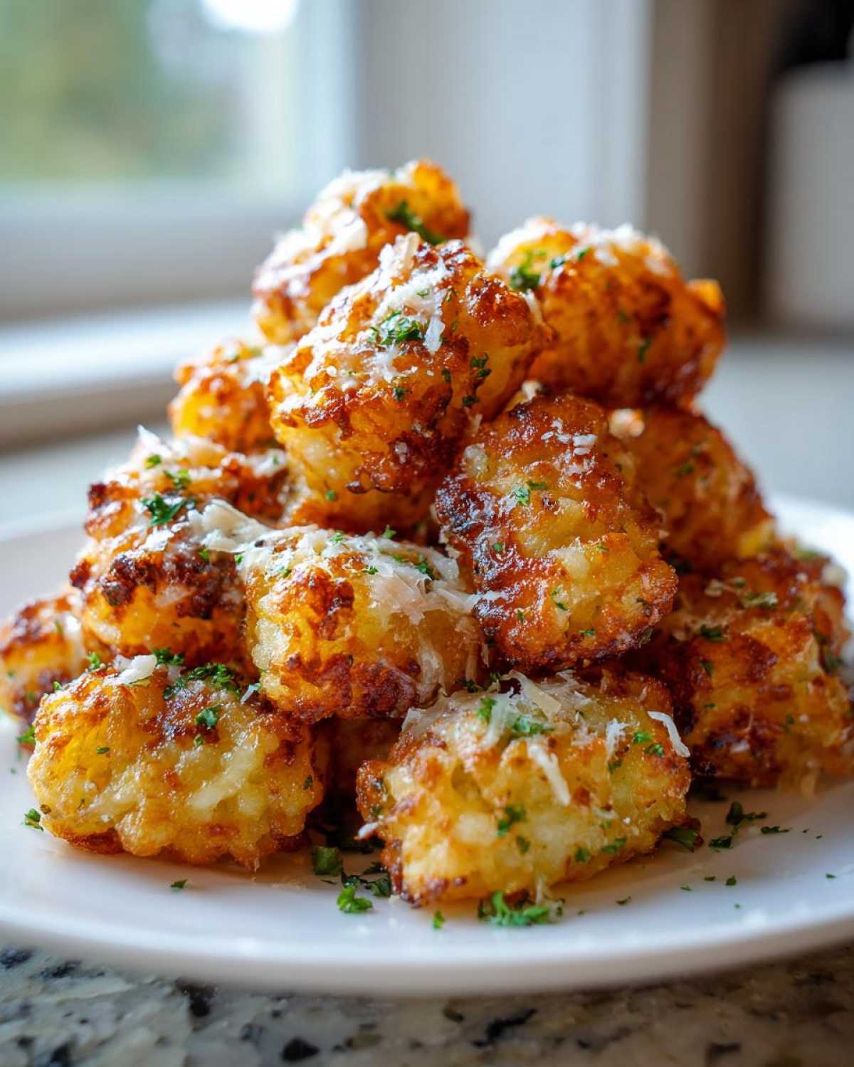 A mound of golden brown Air Fryer Crispy Garlic Parmesan Tater Tots topped with grated cheese and parsley.