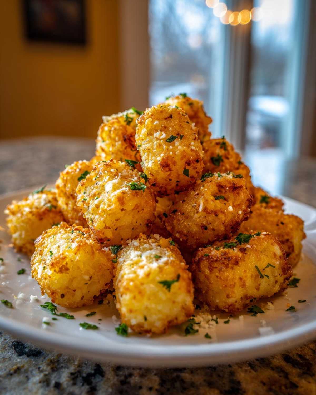 A mound of golden Air Fryer Crispy Garlic Parmesan Tater Tots sprinkled with grated cheese and parsley on a white plate.