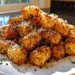 A mound of golden brown Air Fryer Crispy Garlic Parmesan Tater Tots sprinkled with grated cheese and parsley.