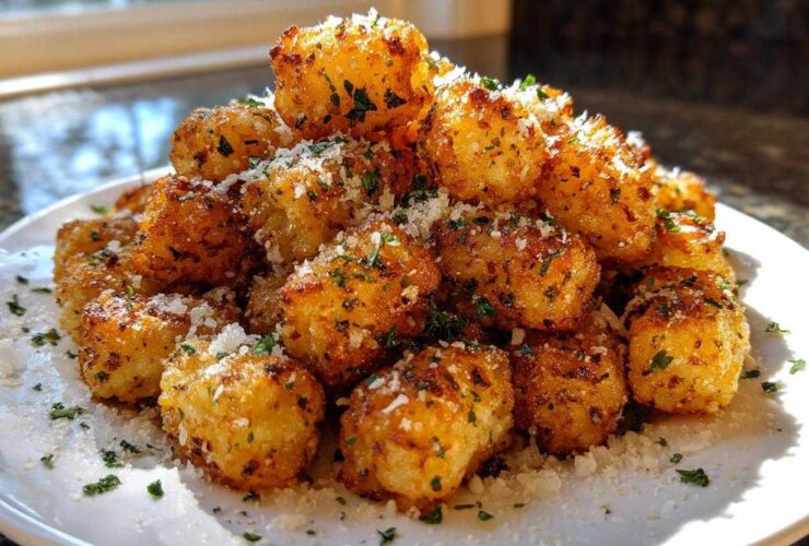 A mound of golden brown Air Fryer Crispy Garlic Parmesan Tater Tots sprinkled with grated cheese and parsley.