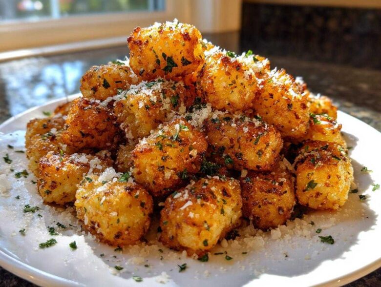 A mound of golden brown Air Fryer Crispy Garlic Parmesan Tater Tots sprinkled with grated cheese and parsley.