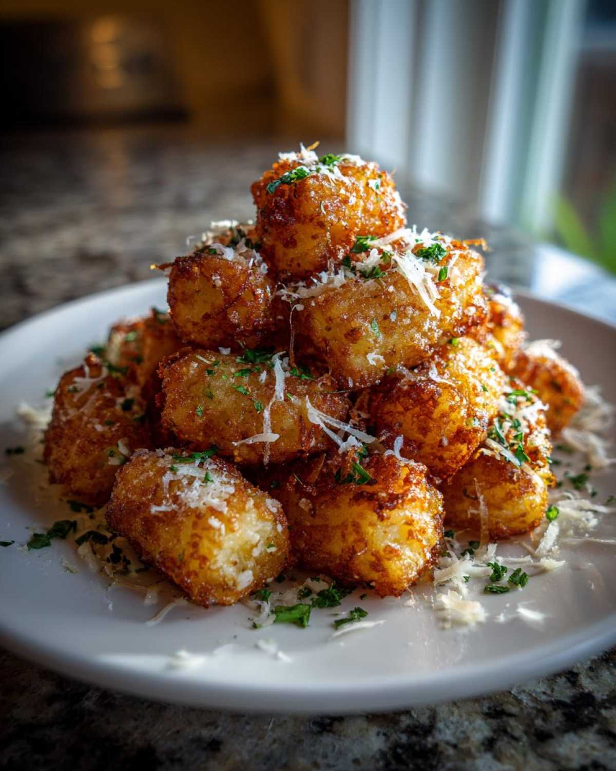 A tall stack of Air Fryer Crispy Garlic Parmesan Tater Tots topped with shredded cheese and parsley.