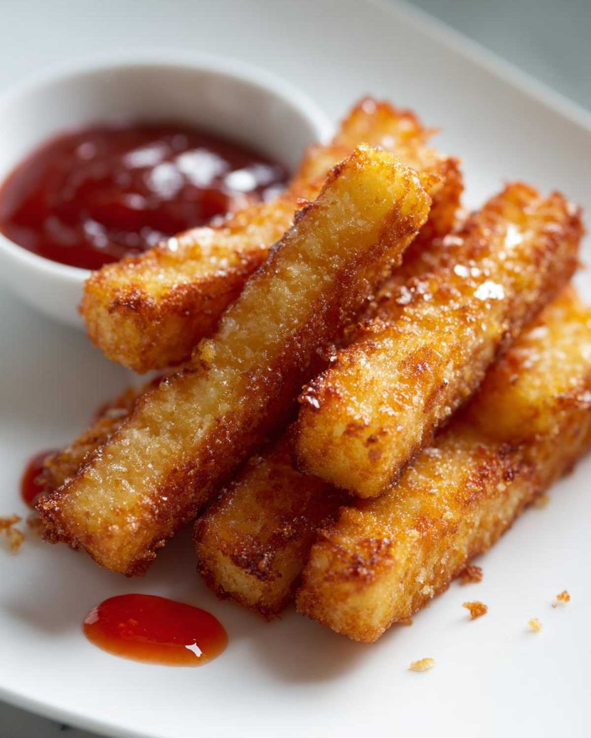 Close-up of golden brown Air Fryer Crispy Halloumi Fries stacked on a white plate next to a small bowl of red dipping sauce.