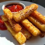 Close-up of golden brown Air Fryer Crispy Halloumi Fries sprinkled with salt, served with a side of marinara sauce.