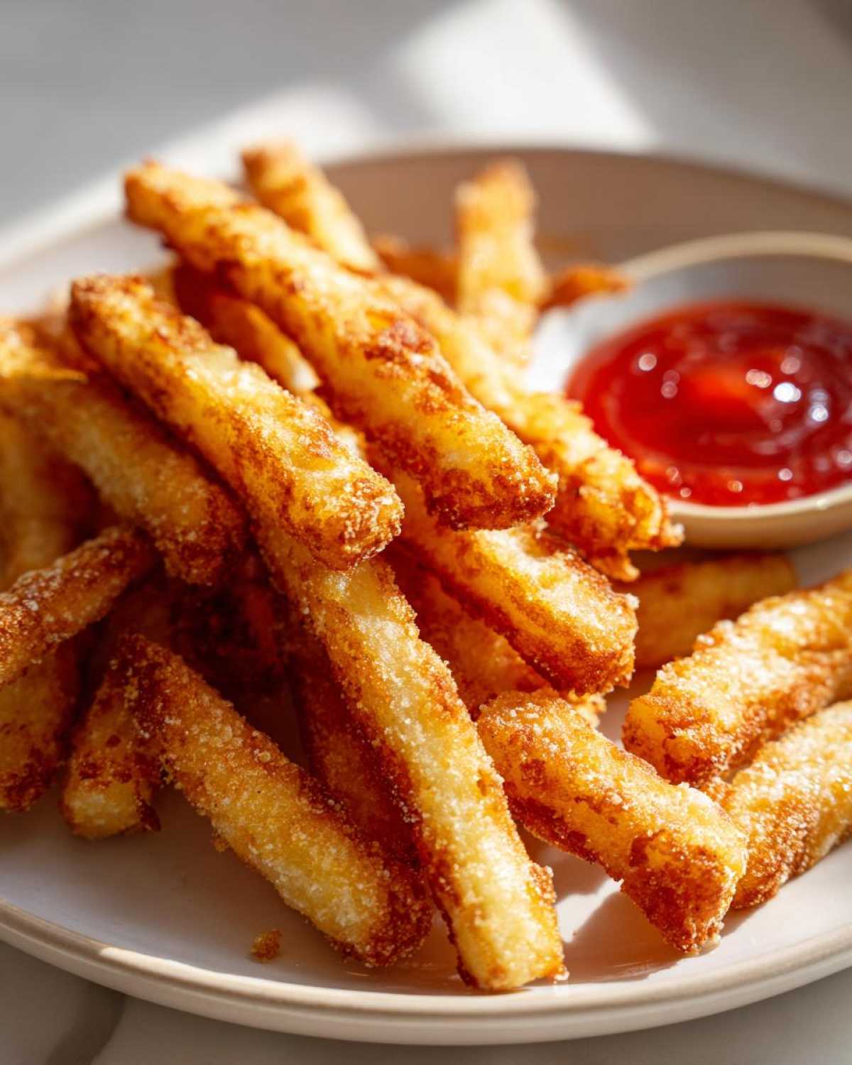 A close-up of golden, crispy Air Fryer Crispy Halloumi Fries piled high on a light plate next to a small bowl of ketchup.