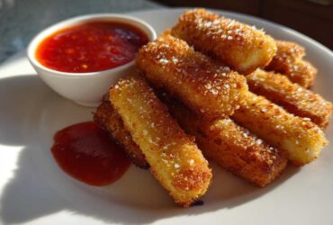A plate of golden brown Air Fryer Crispy Halloumi Fries sprinkled with salt, served with a side of red dipping sauce.
