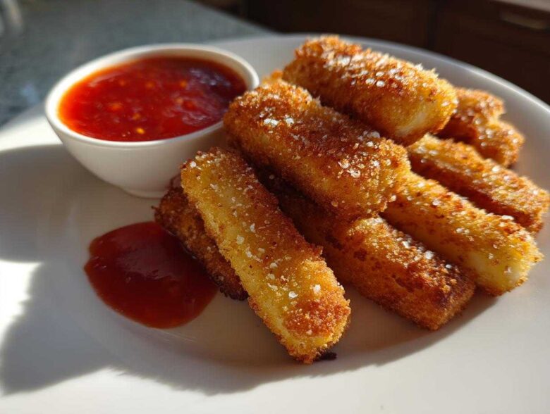A plate of golden brown Air Fryer Crispy Halloumi Fries sprinkled with salt, served with a side of red dipping sauce.