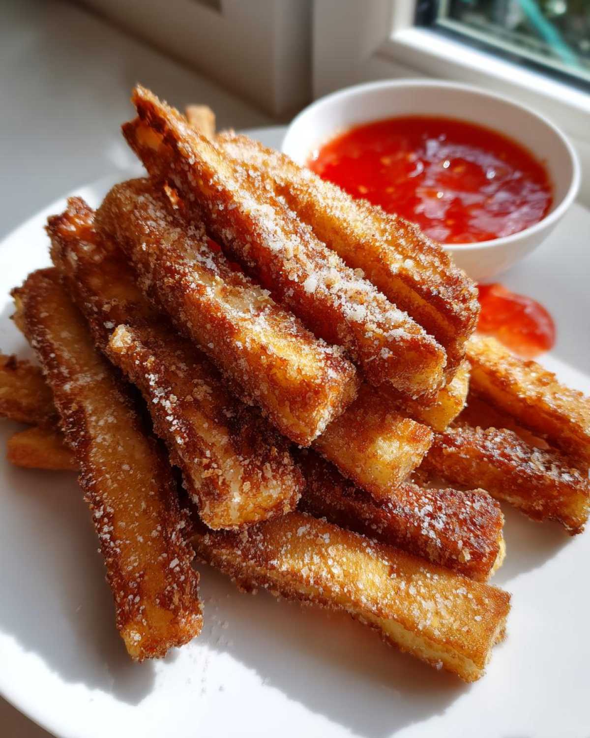 A stack of golden brown Air Fryer Crispy Halloumi Fries sprinkled with seasoning, served with sweet chili sauce.
