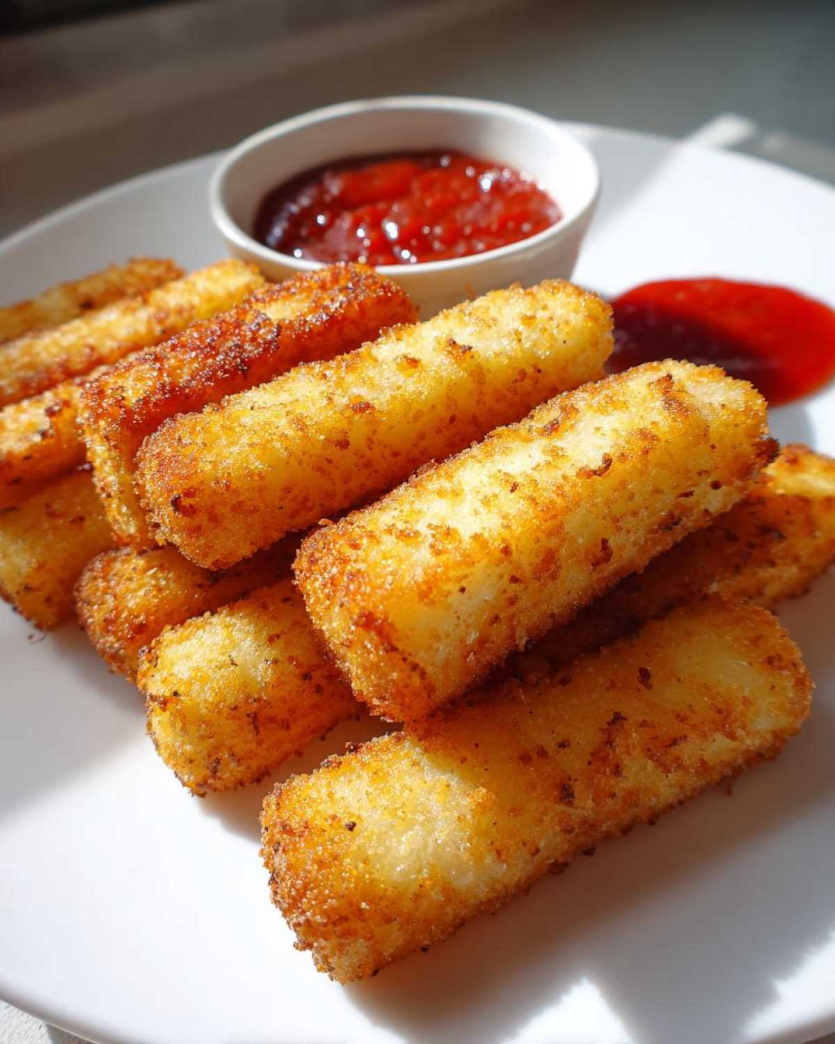 A stack of golden brown Air Fryer Crispy Halloumi Fries served on a white plate with a side of dipping sauce.
