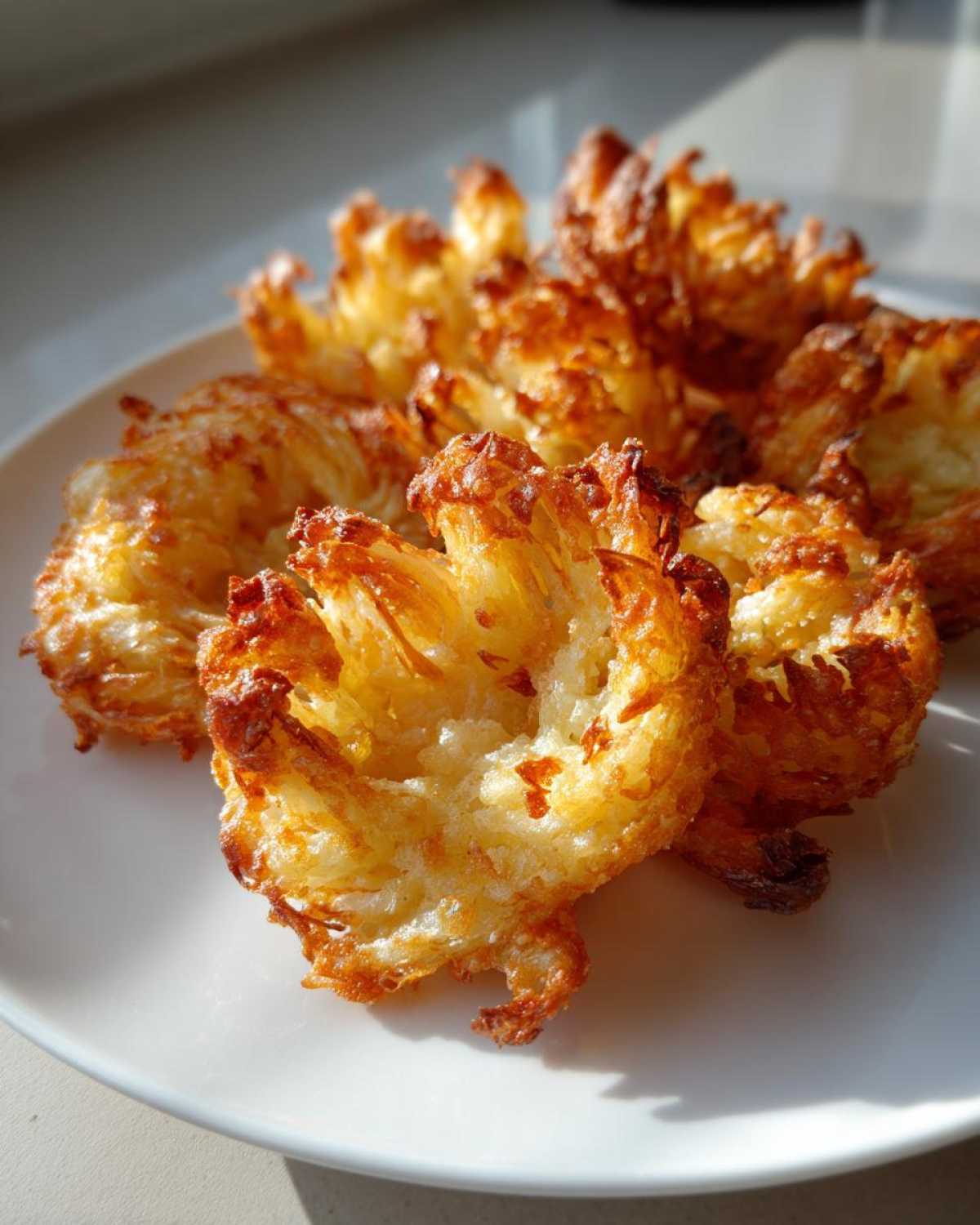 Close-up of several golden brown Air Fryer Crispy Mini Blooming Onions arranged on a white plate.