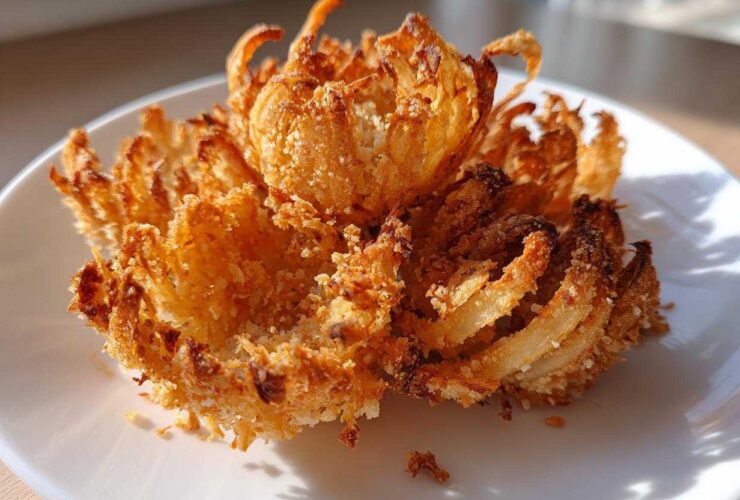 A single, perfectly cooked Air Fryer Crispy Mini Blooming Onions Golden Fun sitting on a white plate.