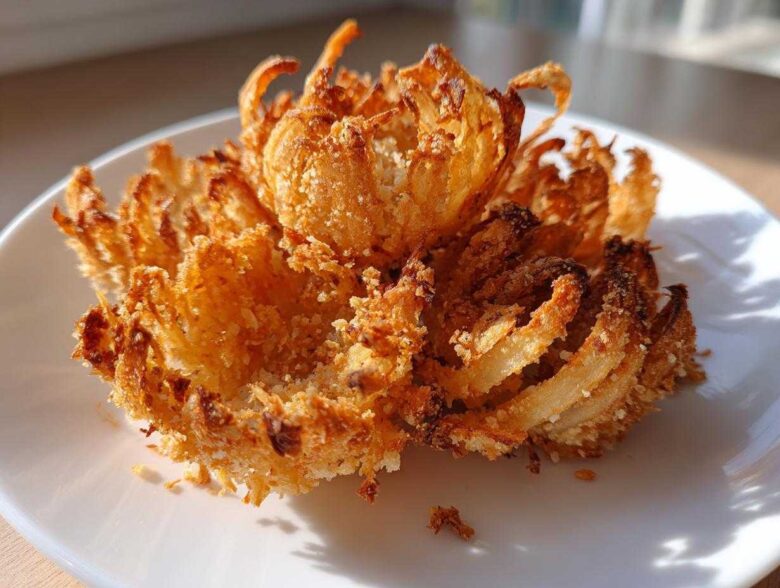 A single, perfectly cooked Air Fryer Crispy Mini Blooming Onions Golden Fun sitting on a white plate.
