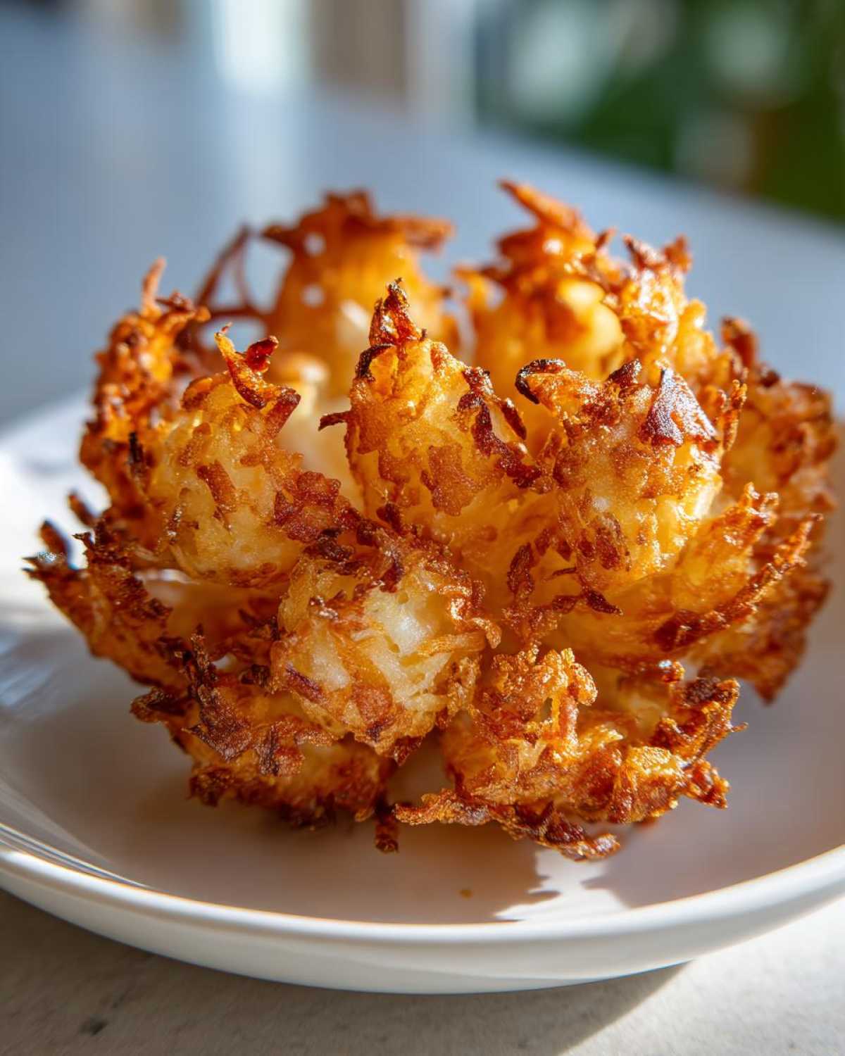 Close-up of a perfectly golden brown Air Fryer Crispy Mini Blooming Onions, showing its crispy, separated petals.