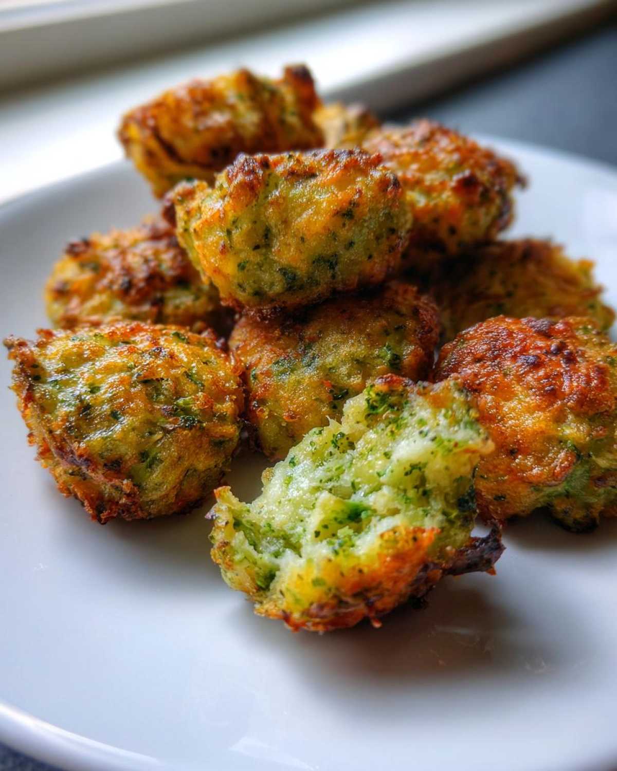 A pile of golden brown Air Fryer Crispy Parmesan Broccoli Tots on a white plate, one is broken open showing the green interior.