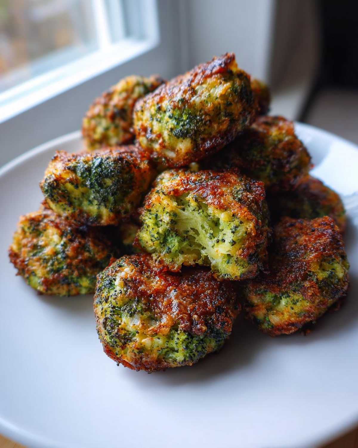 A pile of golden brown Air Fryer Crispy Parmesan Broccoli Tots on a white plate near a window.