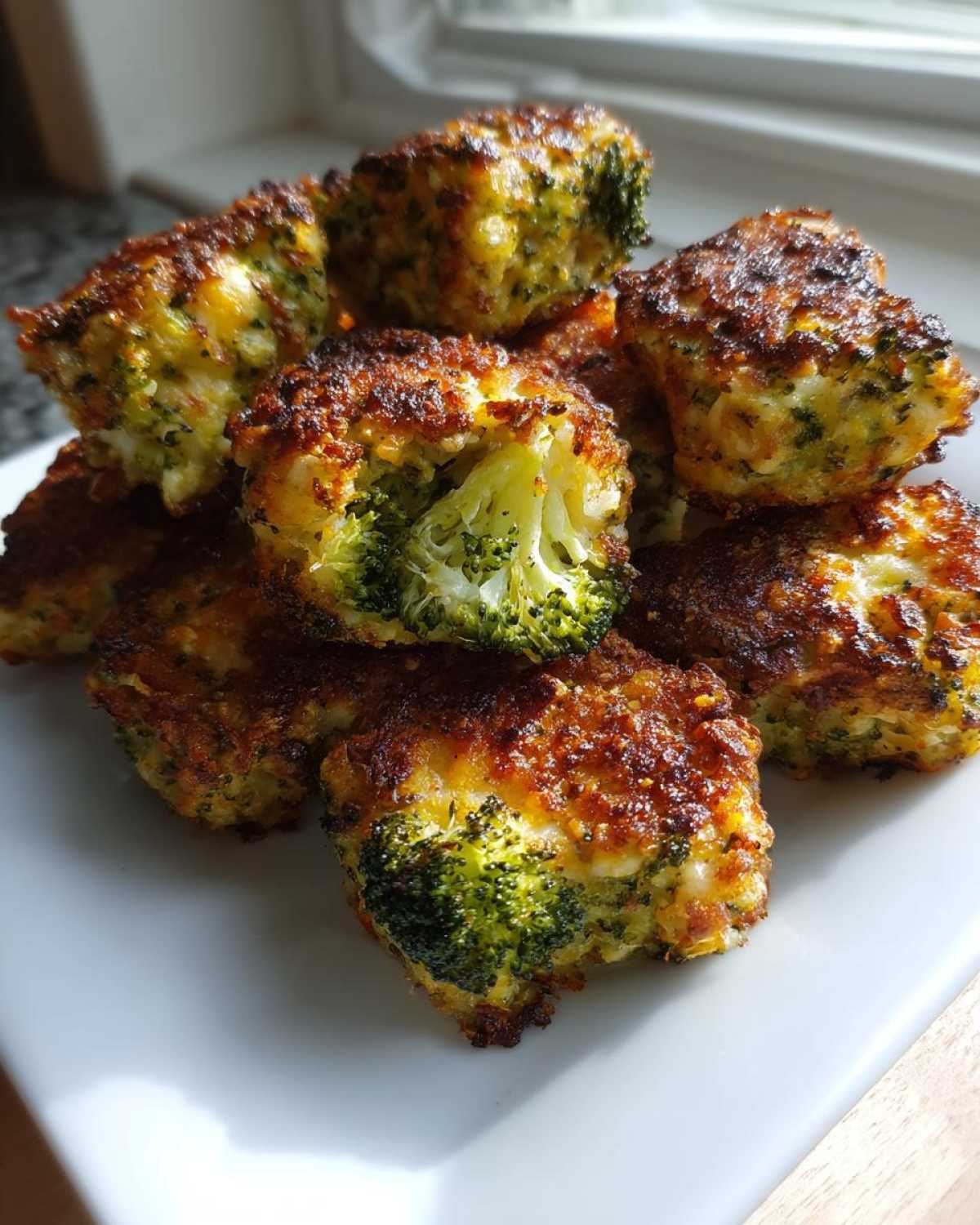 A pile of golden brown Air Fryer Crispy Parmesan Broccoli Tots on a white plate, showing the bright green broccoli inside.