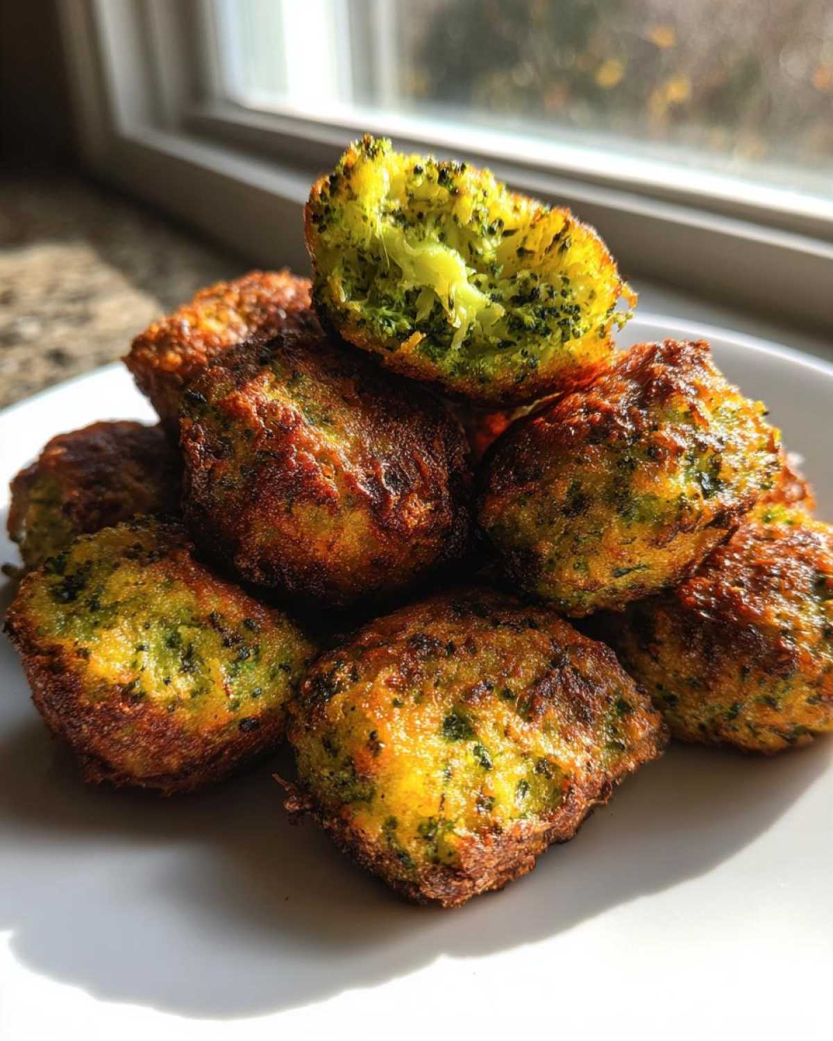 A stack of golden-brown Air Fryer Crispy Parmesan Broccoli Tots on a white plate, one tot is broken open showing the green broccoli interior.