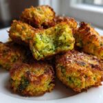 A close-up of golden brown Air Fryer Crispy Parmesan Broccoli Tots stacked on a white plate, one is broken open.
