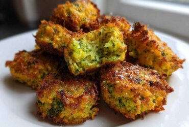 A close-up of golden brown Air Fryer Crispy Parmesan Broccoli Tots stacked on a white plate, one is broken open.