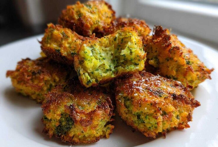 A close-up of golden brown Air Fryer Crispy Parmesan Broccoli Tots stacked on a white plate, one is broken open.