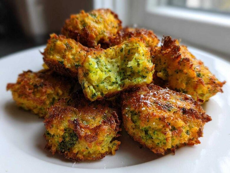 A close-up of golden brown Air Fryer Crispy Parmesan Broccoli Tots stacked on a white plate, one is broken open.