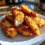 A pile of golden brown Air Fryer Crispy Parmesan Chicken Tenders on a white plate, one is broken open showing the white meat.