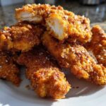 A pile of golden brown Air Fryer Crispy Parmesan Chicken Tenders sprinkled with coarse salt on a white plate.