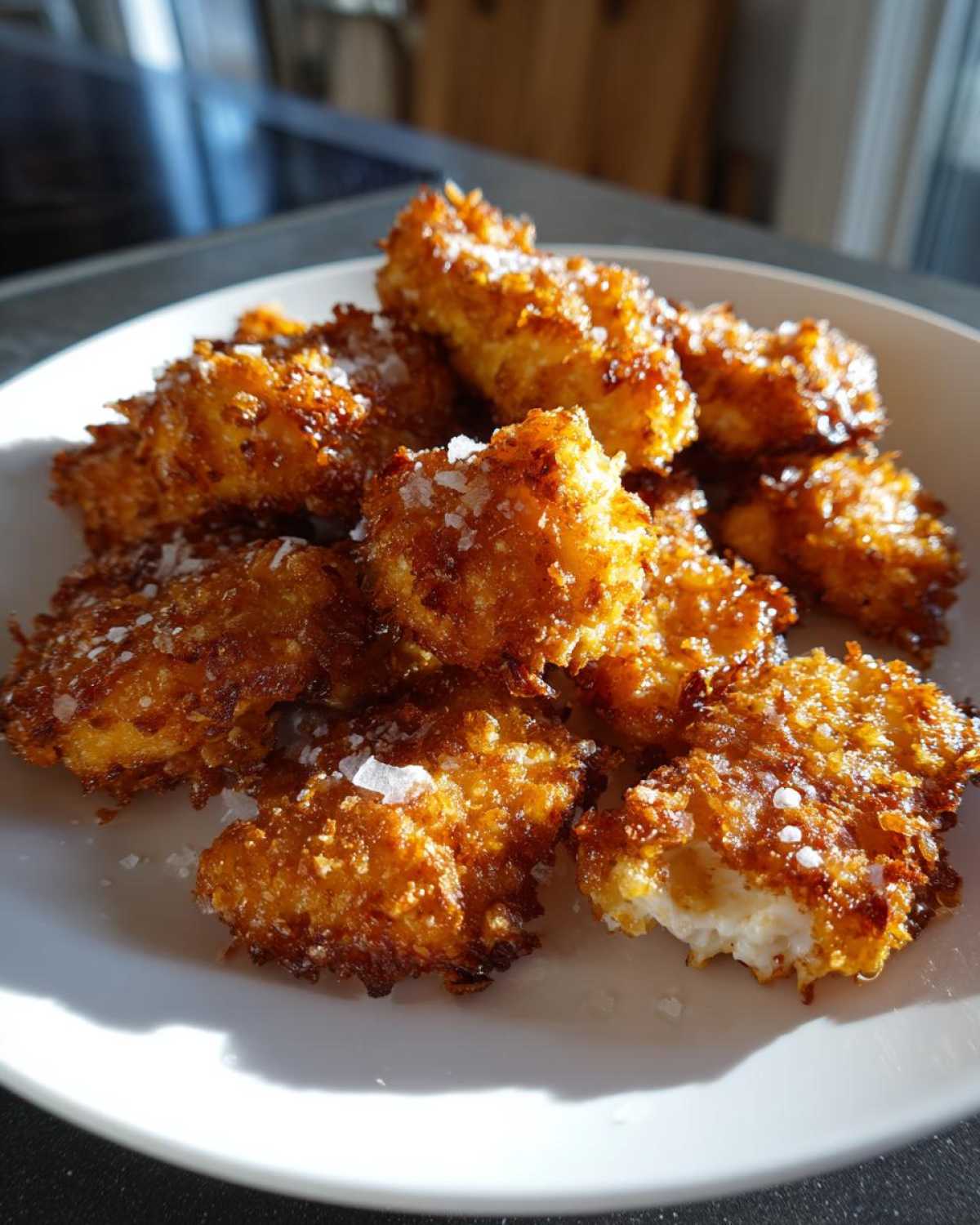 A plate piled high with golden brown Air Fryer Crispy Parmesan Chicken Tenders, sprinkled with coarse salt.