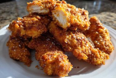 A pile of golden brown Air Fryer Crispy Parmesan Chicken Tenders sprinkled with coarse salt on a white plate.