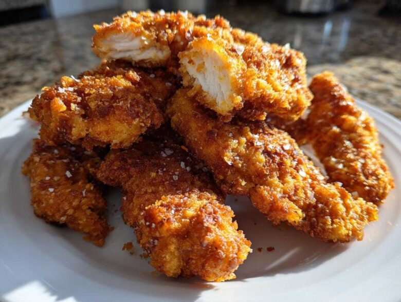 A pile of golden brown Air Fryer Crispy Parmesan Chicken Tenders sprinkled with coarse salt on a white plate.