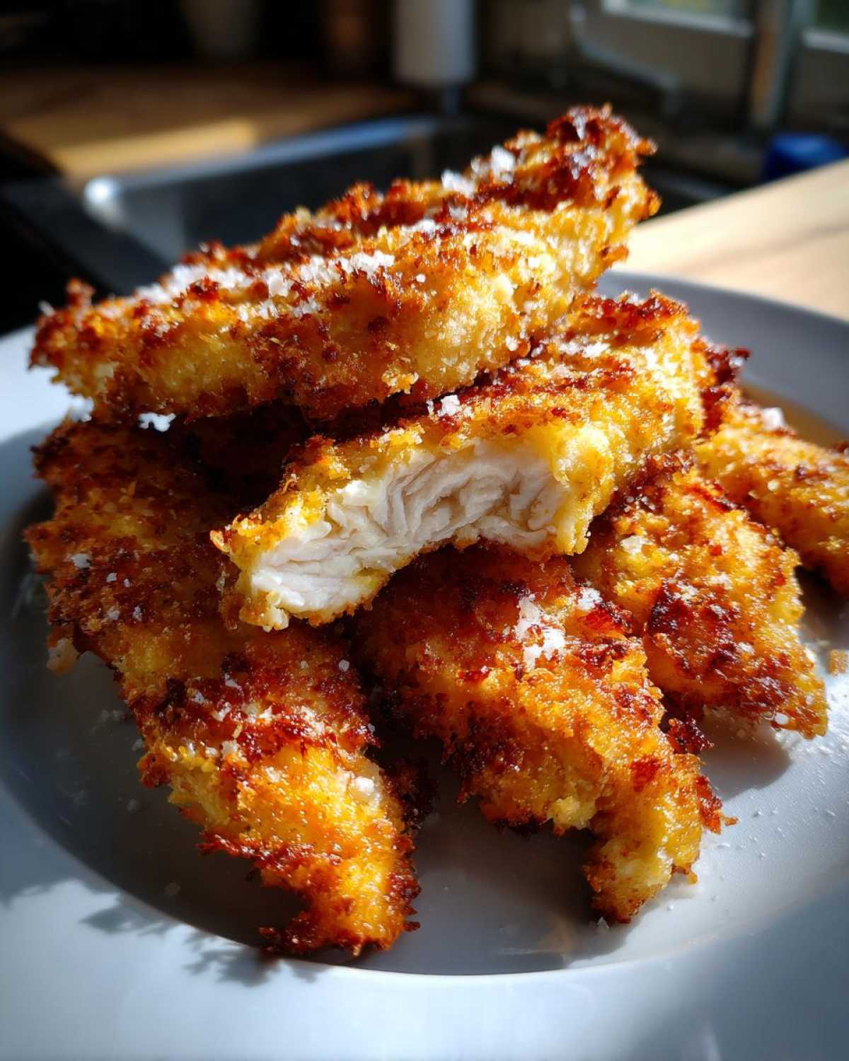 Close-up of golden brown Air Fryer Crispy Parmesan Chicken Tenders, one piece cut open showing juicy white meat.
