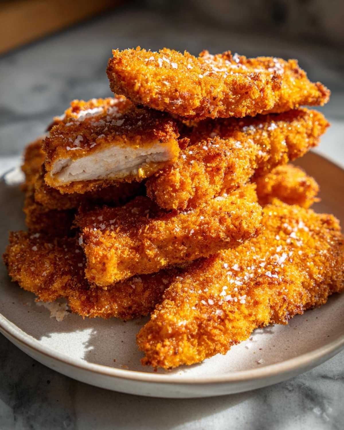 A stack of golden brown Air Fryer Crispy Parmesan Chicken Tenders, with one tender cut open showing the white meat inside.