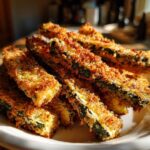 A close-up of golden brown Air Fryer Crispy Parmesan Crusted Zucchini Spears piled on a white dish.