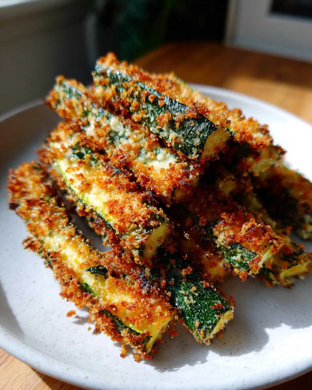 A stack of golden brown Air Fryer Crispy Parmesan Crusted Zucchini Spears piled on a light-colored plate.