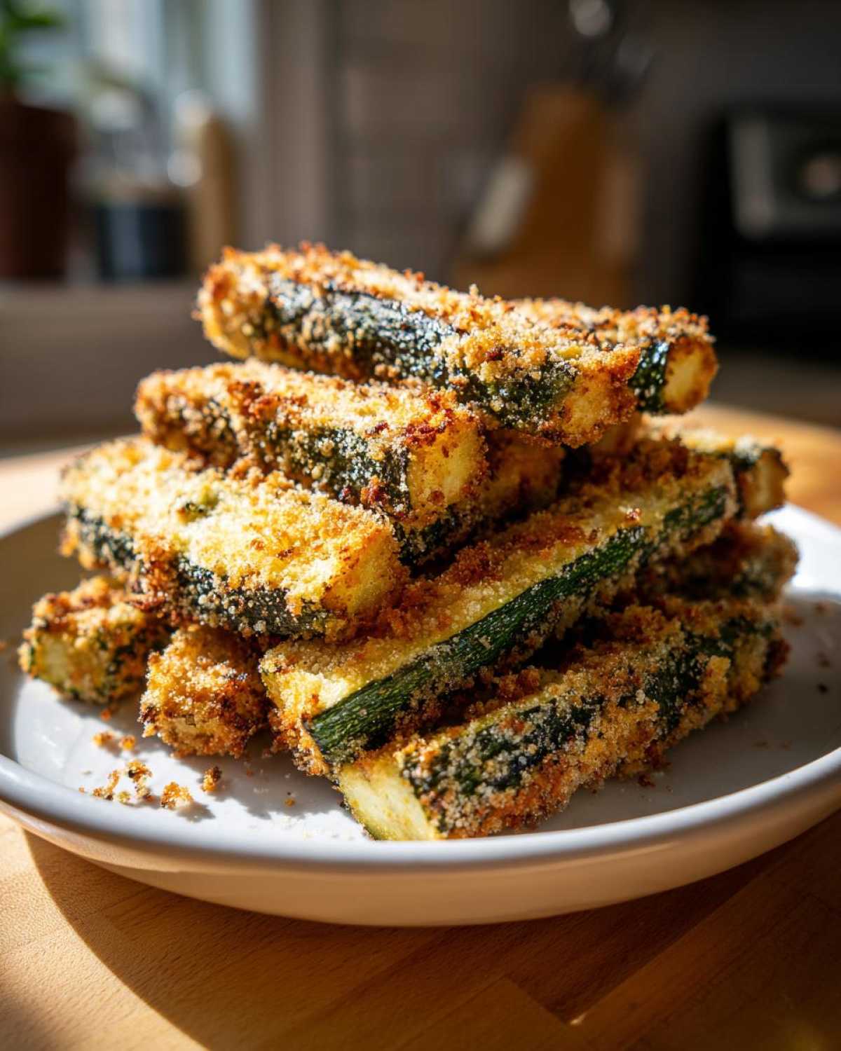 A stack of golden brown Air Fryer Crispy Parmesan Crusted Zucchini Spears piled high on a white plate.