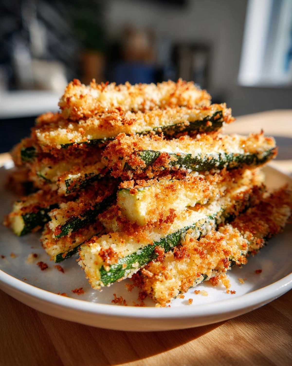 A stack of golden brown Air Fryer Crispy Parmesan Crusted Zucchini Spears piled high on a white plate.