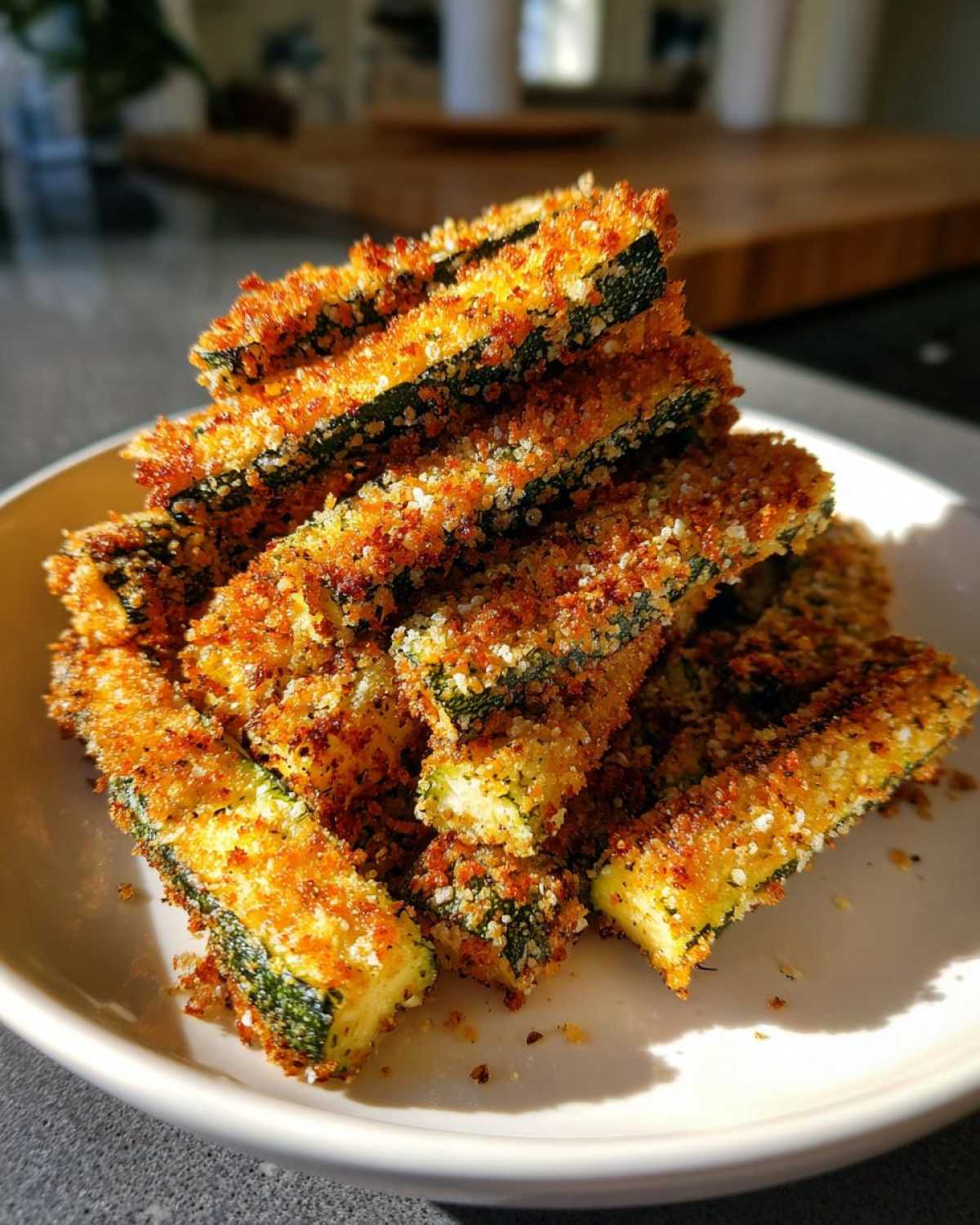 A pile of golden brown Air Fryer Crispy Parmesan Crusted Zucchini Spears stacked on a white plate.